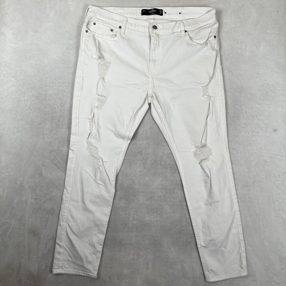 Hollister Jeans Mens 38x30 White Skinny Epic Flex Stretch Distressed Denim